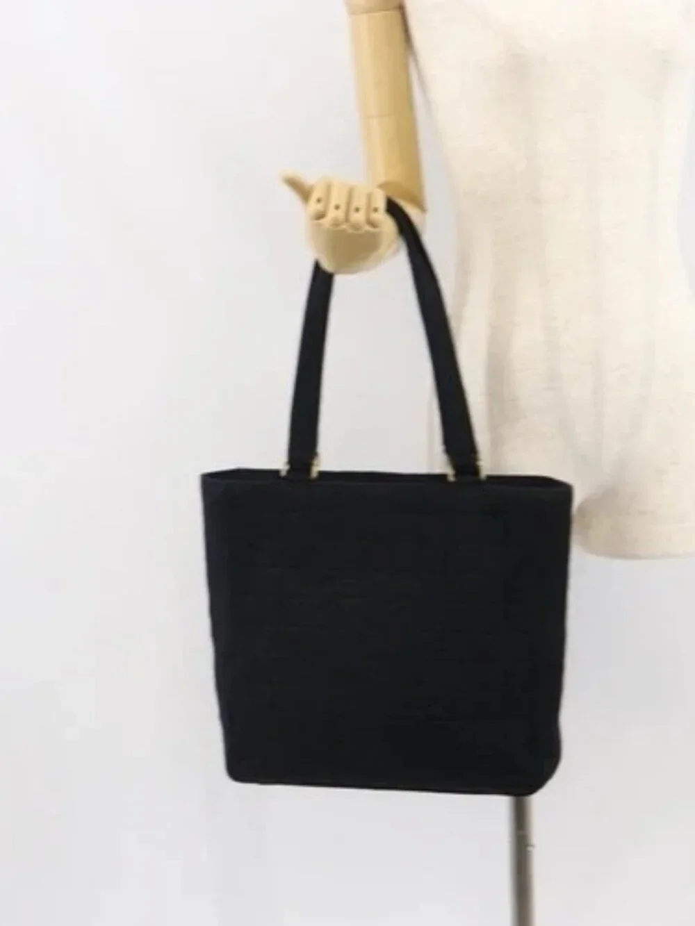 CHANEL Tote Bag Cotton Gold Black CC Auth mr1967
